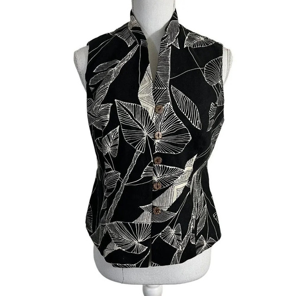 Perceptions Black and Cream Leaf Pattern Button Up Sleeveless Top Size 10 Petite - Picture 1 of 7